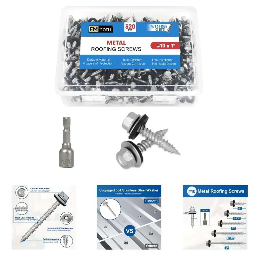Metal Roofing Screws #10X1 Inch 320 Pieces Rustpert Coating Hex Head Self